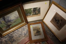 A GILT FRAMED AND GLAZED WATERCOLOUR DEPICTING A COUNTRY BRIDGE BY JG VEACO TOGETHER WITH A