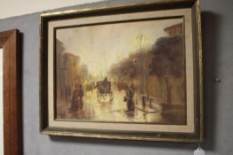 JOHN BAMPFIELD (b.1948). Impressionist rainy street scene with horse drawn cabs and figures,