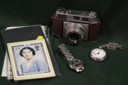 A BOX OF COLLECTABLES TO INCLUDE A KODAK CAMERA, SMITHS POCKET WATCH, FIRST DAY COVERS ETC.