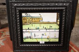 A MODERN FRAMED OIL ON BOARD OF A PARK SCENE IN A LOWRY STYLE BY JOHN GOODLAD