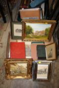 A COLLECTION OF ASSORTED PICTURES TO INCLUDE SKETCH BOOKS, OIL PAINTING, WATERCOLOUR ETC. ALL BY P.