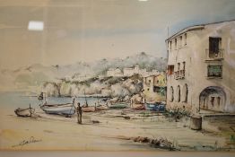 A FRAMED AND GLAZED WATERCOLOUR DEPICTING A CONTINENTAL HARBOUR SCENE INDISTINCTLY SIGNED LOWER LEFT