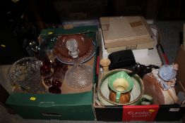 TWO BOXES OF CERAMICS AND GLASS TO INCLUDE COLLECTORS PLATES, RUBY GLASS DECANTER SET ETC.