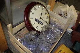 A TRAY OF CUT GLASS TO INCLUDE A FUSHIA PATTERNED ROSE BOWL TOGETHER WITH A MARTELL COGNAC WALL