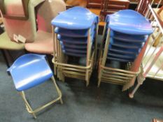 A COLLECTION OF 13 VINTAGE METAL AND PLASTIC STACKING STOOLS