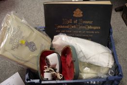 A SMALL TRAY OF SUNDRIES TO INCLUDE VINTAGE LINEN, RAILWAY RELATED BOOKS ETC.