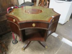 A REPRODUCTION MAHOGANY 'STAR' SHAPED LEATHER TOP DRUM STYLE TABLE H-81 CM DIA. 93 CM