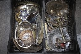 TWO TRAYS OF SILVER PLATED METALWARE ETC.