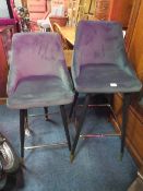 A PAIR OF MODERN 'FOREST GREEN' UPHOLSTERED BAR STOOLS - DIFFERENT HEIGHTS