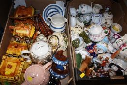 TWO TRAYS OF ASSORTED CERAMICS TO INCLUDE CORNISHWARE, FIGURES ETC.