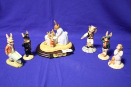SIX ROYAL DOULTON BUNNYKINS FIGURES TO INCLUDE 'BATH NIGHT BUNNYKINS' ON PLINTH
