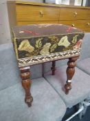 AN ANTIQUE MAHOGANY AND UPHOLSTERED STOOL
