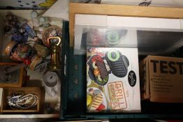 TWO BOXES OF CERAMICS AND GLASS TO INCLUDE A SMALL QUANTITY OF COSTUME JEWELLERY, WADE WHIMSIES,