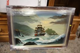 A FRAMED OIL ON CANVAS OF SHIP IN A CHOPPY SEA SIGNED WH STOCKMAN