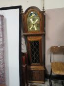 A MODERN OAK CASED LONGCASE CLOCK WITH BRASS FACE, MOON ROLLER AND TRIPLE WEIGHT - PENDULUM H-194