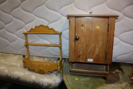 AN ANTIQUE PINE WALL HANGING CUPBOARD TOGETHER WITH A WALL HANGING SHELF (2)