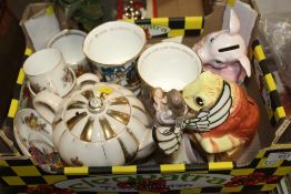 A SMALL TRAY OF CERAMICS TO INCLUDE COALPORT COMMEMORATIVE WARE, BEATRIX POTTER MONEY BANK ETC.