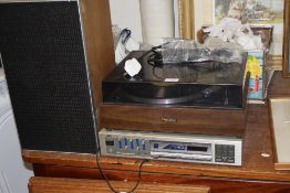 A PIONEER TURNTABLE, A JVC SYNTHESIZER AND A PAIR OF LEAK SPEAKERS