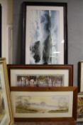 TWO LARGE FRAMED AND GLAZED PRINTS TOGETHER WITH A WATERCOLOUR OF HOT AIR BALLOONS IN A COUNTRY