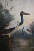 A VICTORIAN UNFRAMED OIL ON CANVAS LAID ON BOARD OF STORKS