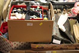 THREE BOXES OF SEWING ACCESSORIES, TEXTILES ETC