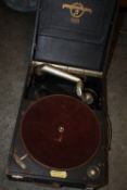 A PORTABLE WIND UP GRAMOPHONE