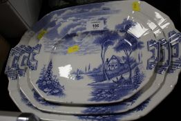 A SET OF THREE ART DECO STYLE PALISSY BLUE AND WHITE MEAT PLATES