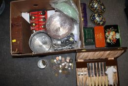 A TRAY OF COLLECTABLES TO INCLUDE CASED FLATWARE, ANTIQUE BIBLE ETC.