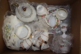 A BOX OF ASSORTED CHINA TO INCLUDE AYNSLEY, MUSICAL TEA POT ETC.