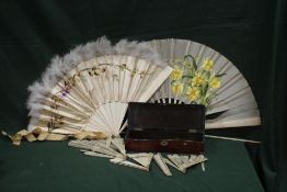 TWO ANTIQUE CARVED BONE / IVORY BRISE FANS FOR RESTORATION, together with a selection of abalone