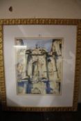 A GILT FRAMED AND GLAZED WATERCOLOUR OF A NEO CLASSICAL BUILDING SIGNED F.WAUGH