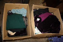 TWO BOXES OF ASSORTED LADIES CLOTHING, various styles and periods comprising suits, knitwear,