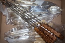 A BOX OF SILVER PLATED FLATWARE ETC.