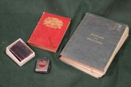 A HALLMARKED SILVER CASED MINIATURE DICTIONARY, TOGETHER WITH A MINIATURE BIBLE AND TWO OTHER
