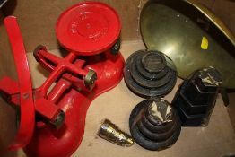 A BOX OF VINTAGE SCALE AND WEIGHTS
