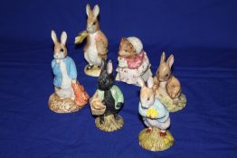 SIX ROYAL ALBERT BEATRIX POTTER FIGURES TO INCLUDE 'THE BLACK RABBIT', 'SAT ON A BANK'