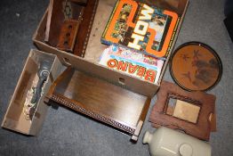 A BOX OF COLLECTABLES TO INCLUDE AN OAK BOOK TROUGH, MAPS, ANNUALS ETC.