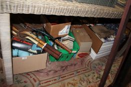 A LARGE QUANTITY OF HOUSEHOLD SUNDRIES TO INCLUDE BOARD GAMES, BOOKS, METALWARE ETC.