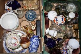 TWO TRAYS OF CERAMICS AND GLASS TO INCLUDE A ROYAL DOULTON STONEWARE JUG, ROYAL CROWN DERBY POSIES