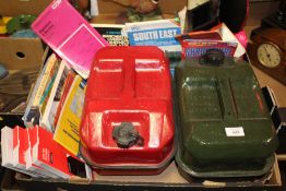 TWO 10 LITRE JERRY CANS TOGETHER WITH ORDNANCE SURVEY MAPS ETC.