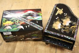 TWO ORIENTAL STYLE LACQUERWARE JEWELLERY BOXES WITH MOTHER OF PEARL INLAY