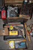 A CRATE AND A BOX OF TOOLS, PARTS ETC