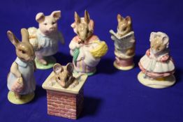 SIX ROYAL ALBERT BEATRIX POTTER FIGURES TO INCLUDE 'THE OLD WOMAN WHO LIVED IN A SHOE KNITTING', '