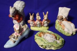 FOUR ROYAL ALBERT BEATRIX POTTER FIGURES TO INCLUDE 'BENJAMIN WAKES UP' TOGETHER WITH A BESWICK