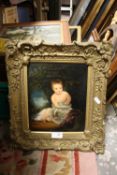 AN ANTIQUE GILT FRAMED OIL ON BOARD OF A YOUNG BOY WITH HIS HAND IN A GOLDFISH BOWL