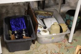 TWO TRAYS OF SUNDRIES TO INCLUDE A BOXED SILVER PLATED CRUET SET