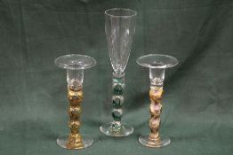 A PAIR OF MODERN STUDIO / ART GLASS CANDLESTICKS, engraved AM 2003, Alisder Malcolm Glass who is bas