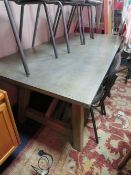 A LARGE MODERN INDUSTRIAL STYLE METAL TOPPED REFECTORY TYPE TABLE H-76 W- 90 L-200 CM