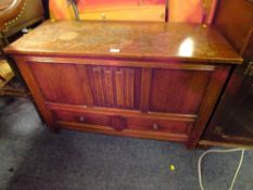 AN OAK LINENFOLD BLANKET BOX WITH DRAWERS W-104 CM