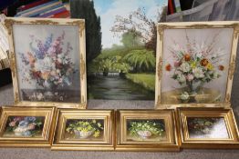 AN UNFRAMED OIL ON BOARD DEPICTING A COUNTRY STREAM, TOGETHER WITH A PAIR OF FLORAL VERNON WARD